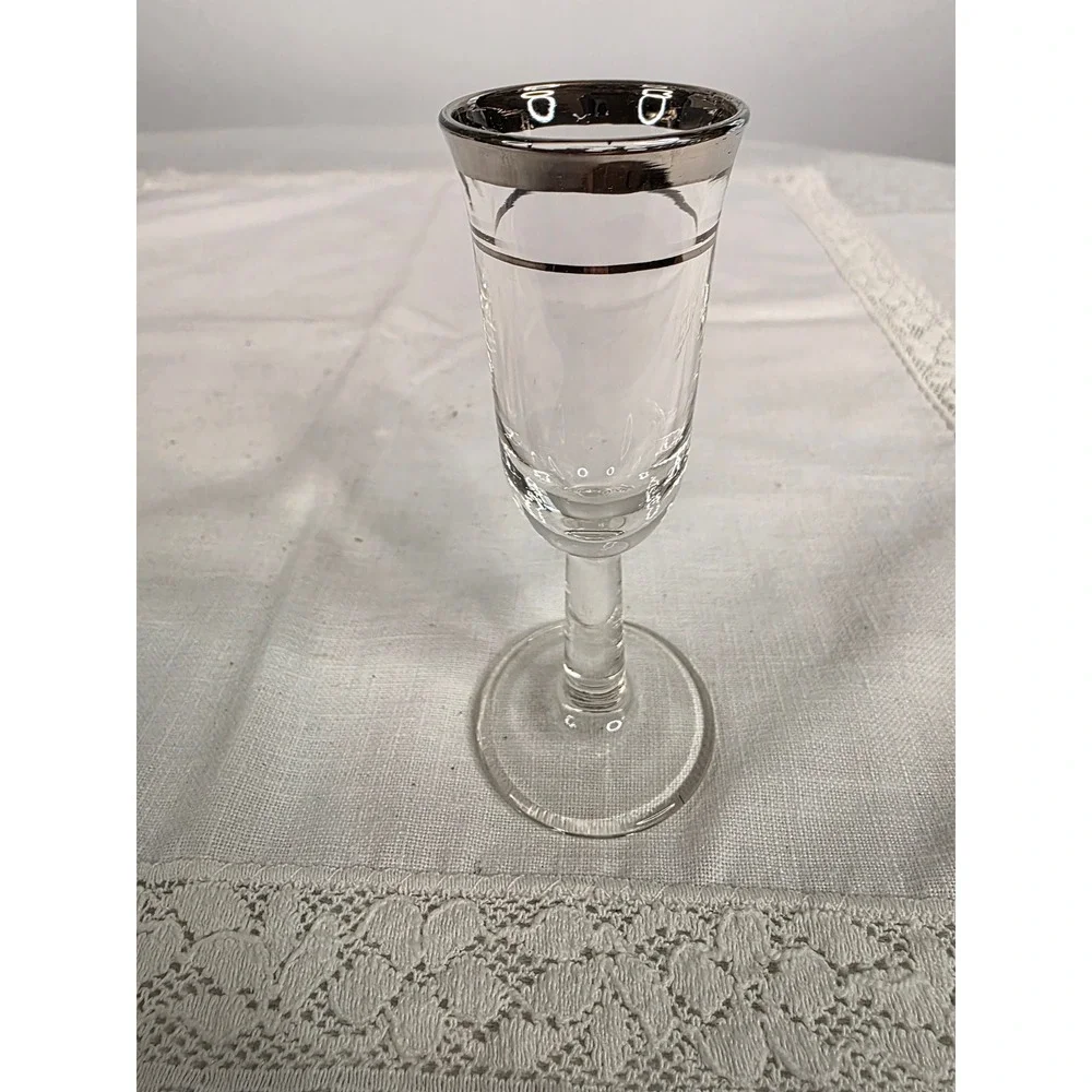 Vintage Silver Rim Cordial Liqueur Glasses Set of 6 Mid Century Stemware Clear